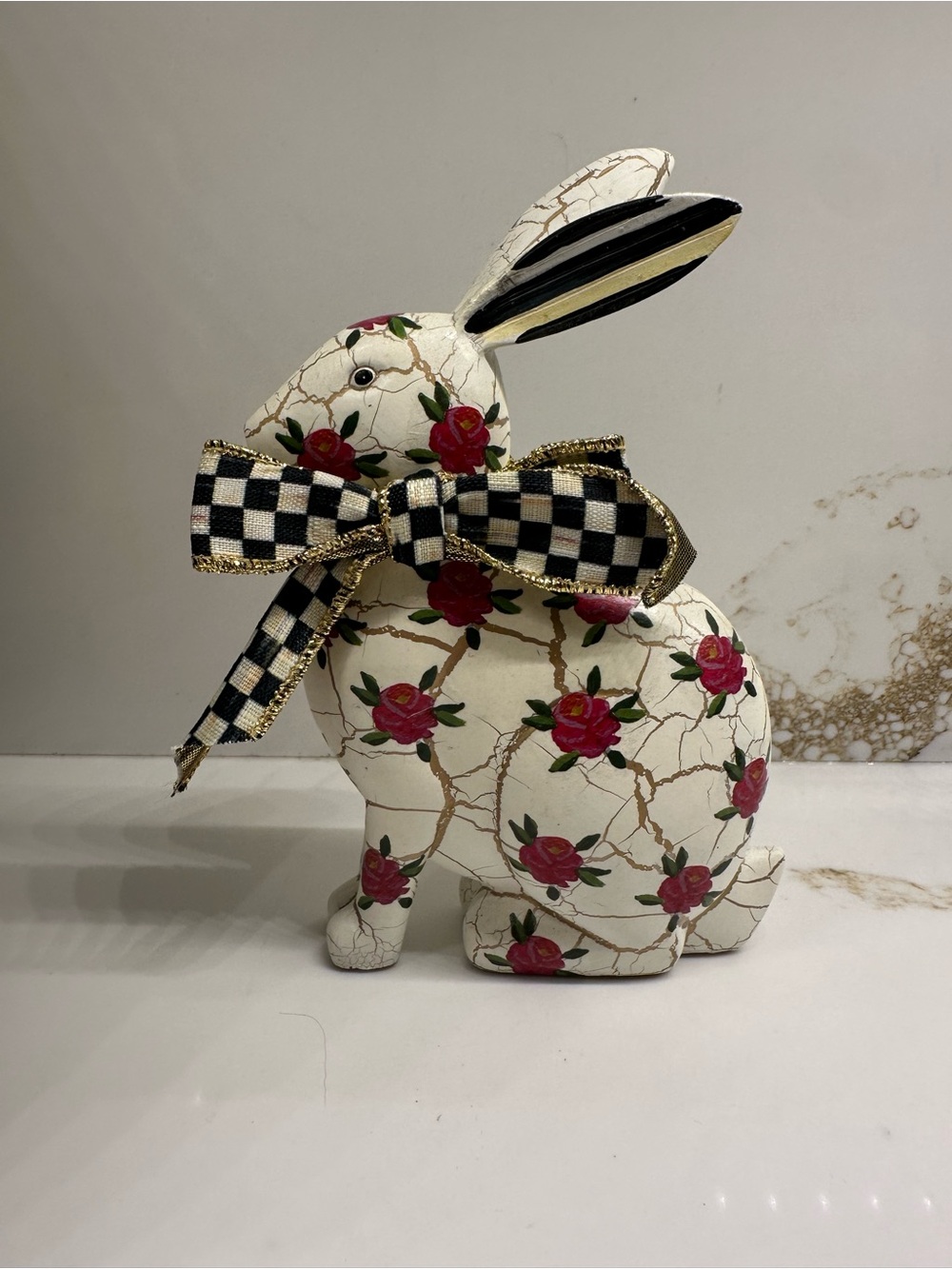 MacKenzie-Childs Floral Bunny Figurine in White, Pink and Black Check